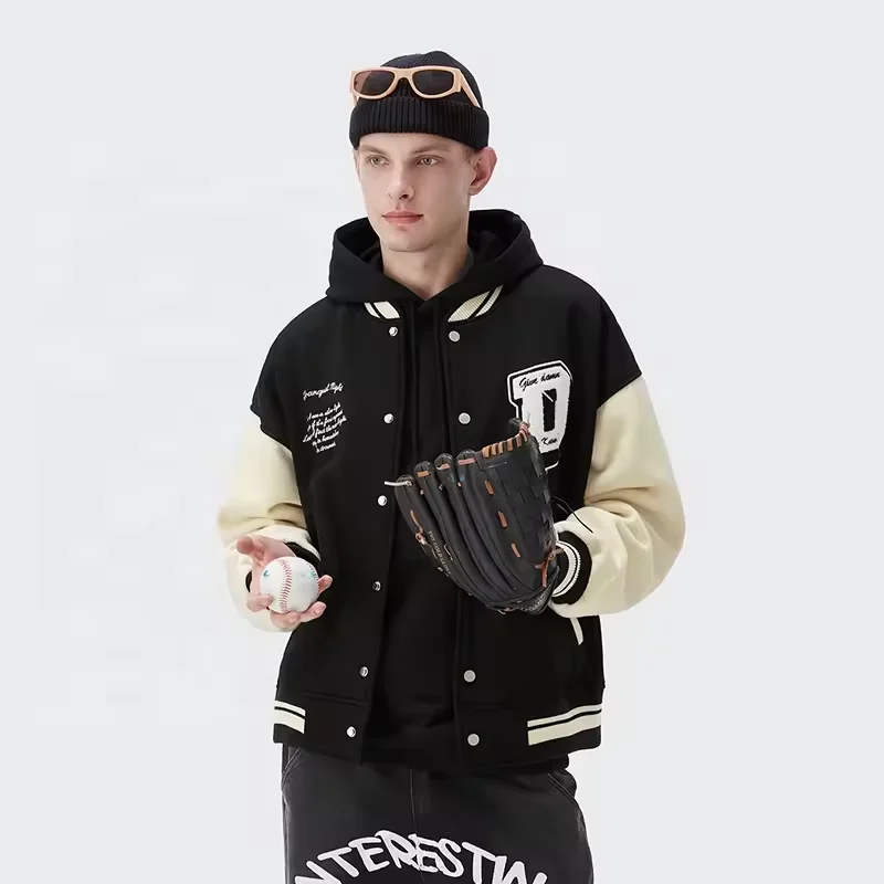 Jacket Homme  Veste Leather Sleeve Winter Coat Bomber Jacket Mens Hip Hop Wool Letterman  Jacket Manufacturer