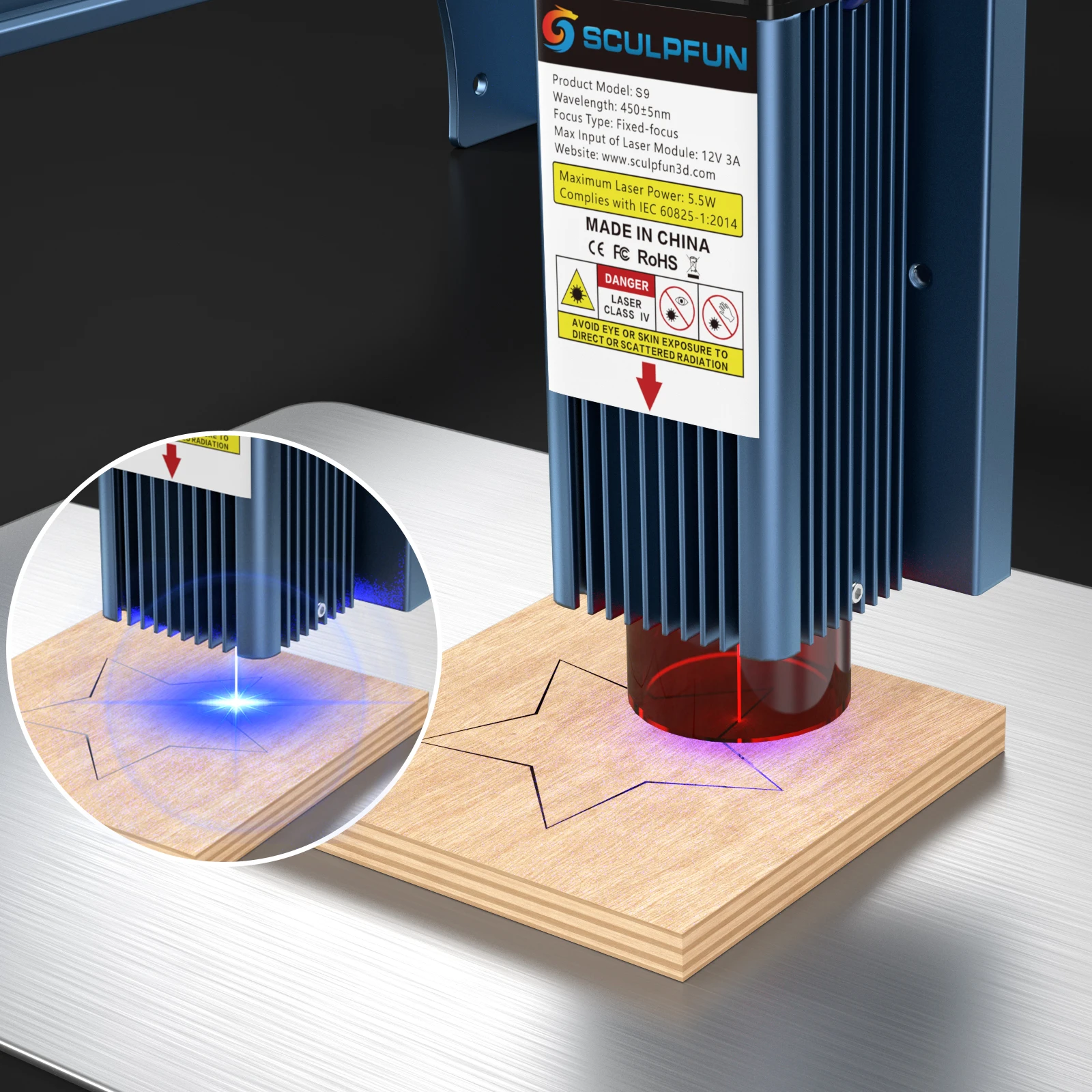 SCULPFUN S9 Laser Engraver for Wood Acrylic Stainless Steel with 5.5W High Precision 0.06mm