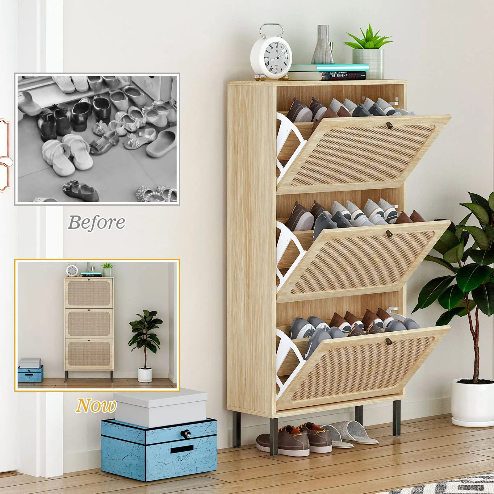 Rattan Shoe Cabinet with 3 Flip Drawers Metal Door Narrow Shoe Storage Cabinet for Entryway
