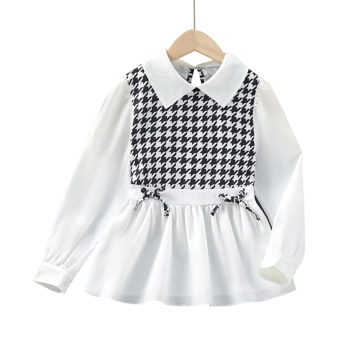 8-12 age Children Pullover 2024 Spring Houndstooth Girl T-shirt Children Clothing for kids girls shirt casual long sleeve blouse