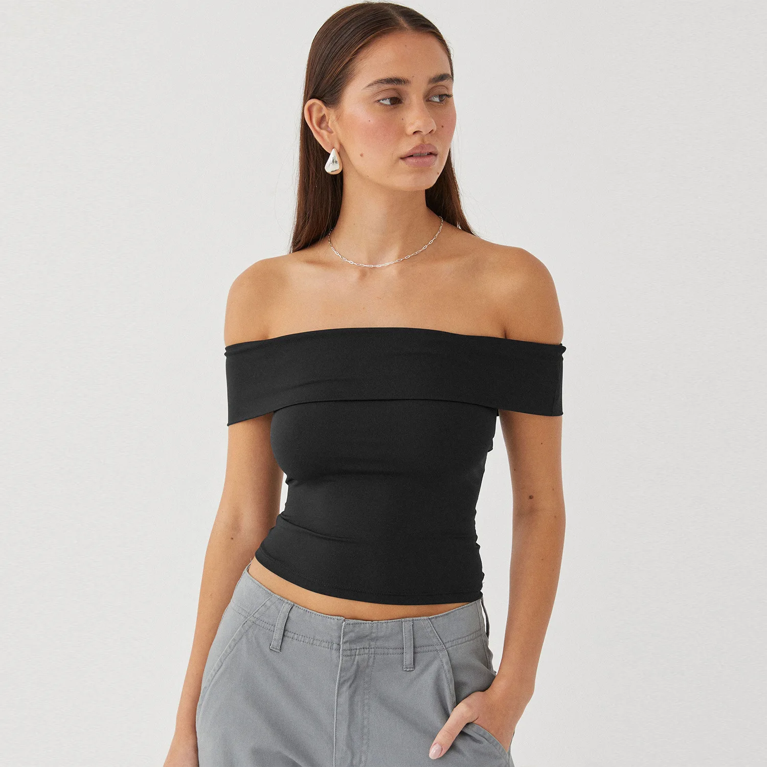 New Design Wholesale Fashion Y2k Sexy Boat Neck Tight Shirt Tube Tops Women Off The Shoulder Slim T-shirt
