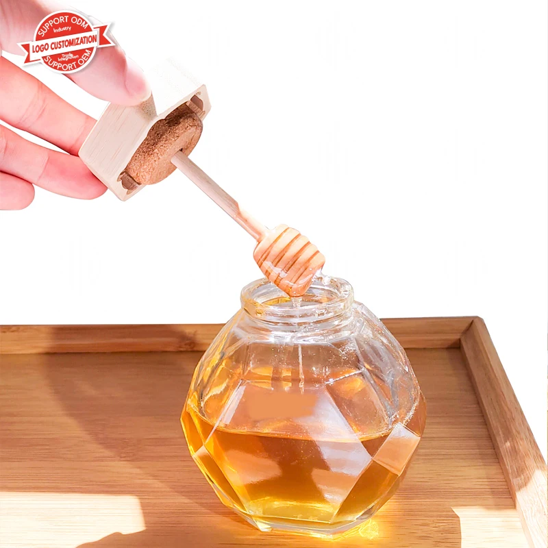 Clear Honey Pot Glass Honey Jar With Wooden Dipper And Cork Lid Cover For Home Kitchen