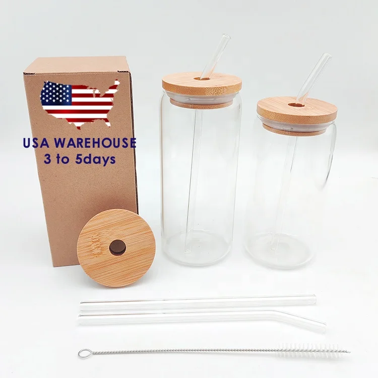 Usa Warehouse Clear Transparent 500ml 12 16 20 Oz Coffee Drinking Beer Glass Can Bottle Cup With Bent Glass Straw And Bamboo Lid