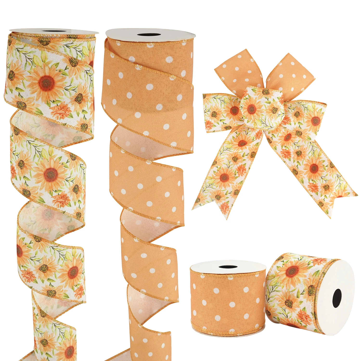 Custom Spring Sunflower Summer Flower Flaxen Dots Garland Wired Edge Ribbon For Wreath DIY Crafting Gift Wrapping Party Decor