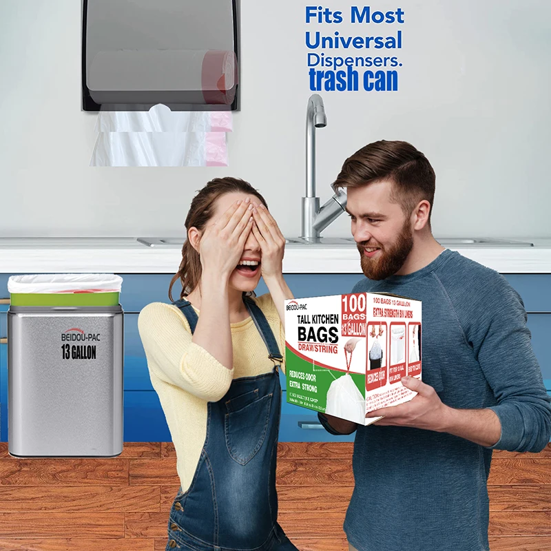 Custom plastic pe 13 gallon free tie white kitchen trash bags multifold roll white liner garbage bin trash bag with drawstring