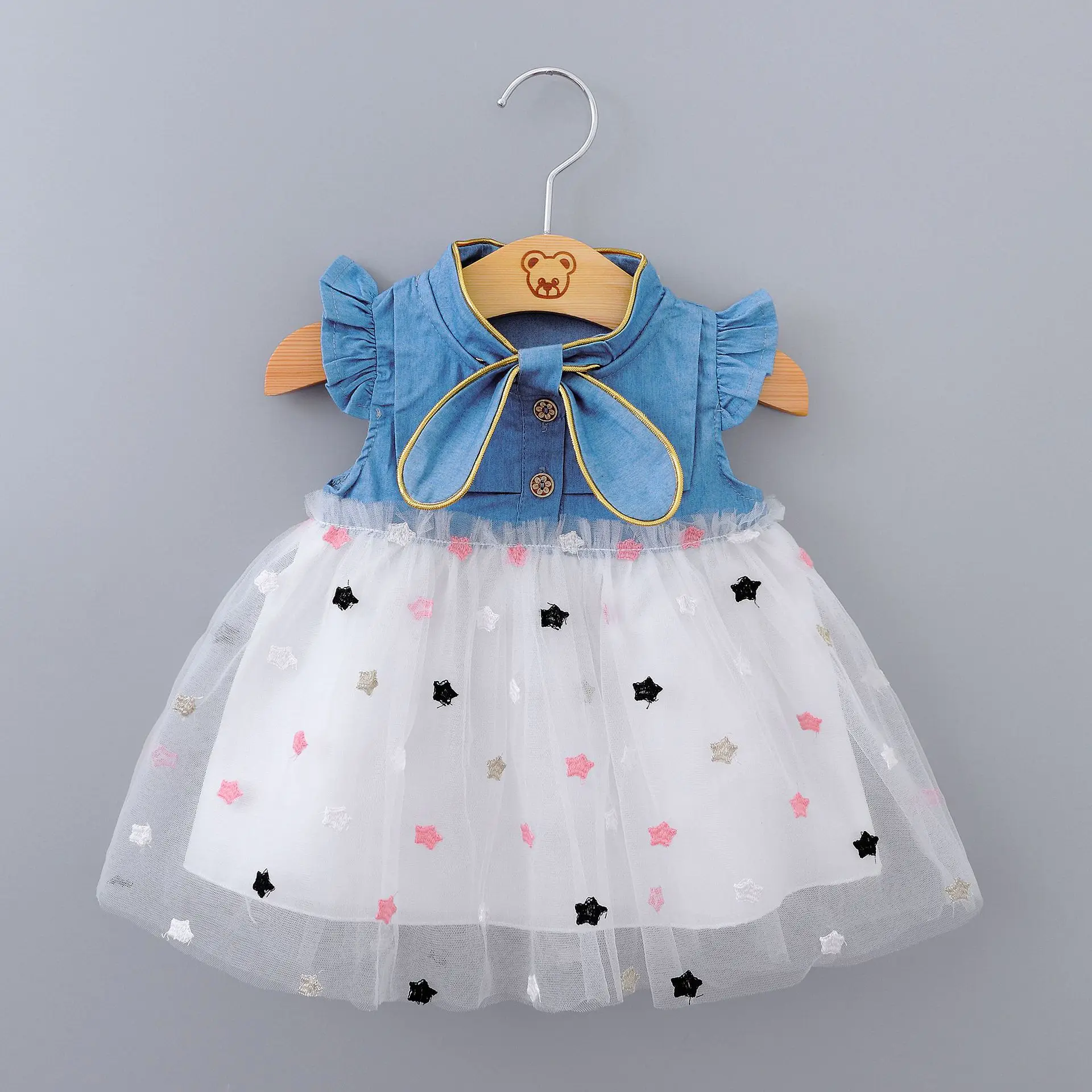  Детская одежда Sunny Baby оптовая продажа джинсовое платье для маленьких девочек с летающим рукавом милое Сетчатое принцессы со