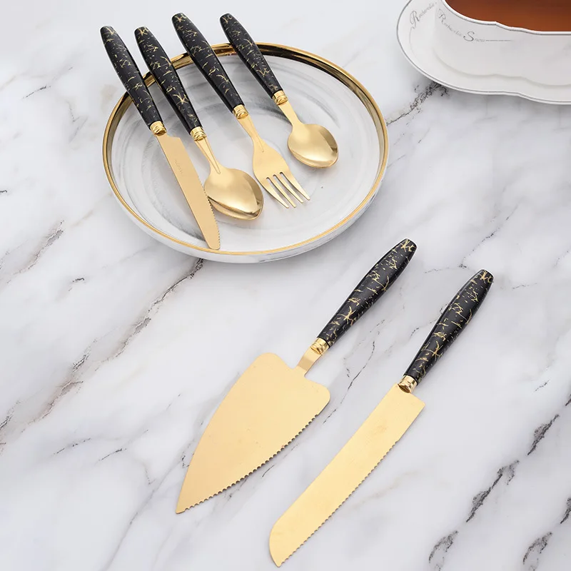 Stainless steel Steak knives wedding cake knife and server Gold PP plastic handle 5pcs cutlery