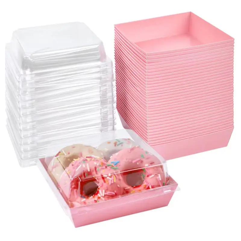 Biodegradable Food Doughnut Packaging Kraft Paper Transparent Lid Window Pink Cake Boards And Boxes
