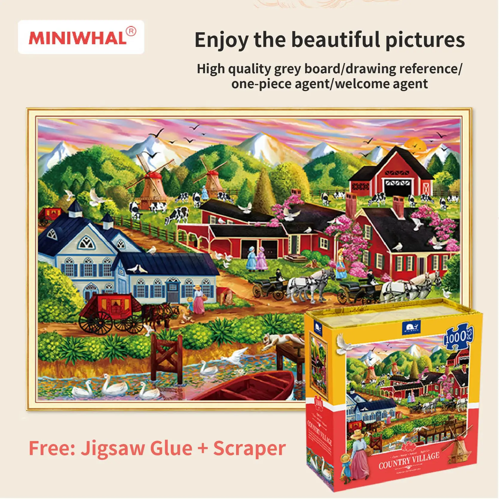 Wholesale Gift Box Beautiful Rural Town Oil Painting Puzzle 1000 Pieces Gift Box Set Jigsaw Puzzles For Adult