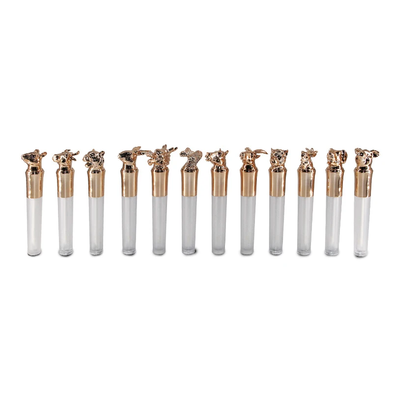 OEM 12 Chinese Zodiac round plastic animal shape uique lip gloss tubes with wands luxury lipgloss tubes custom logo