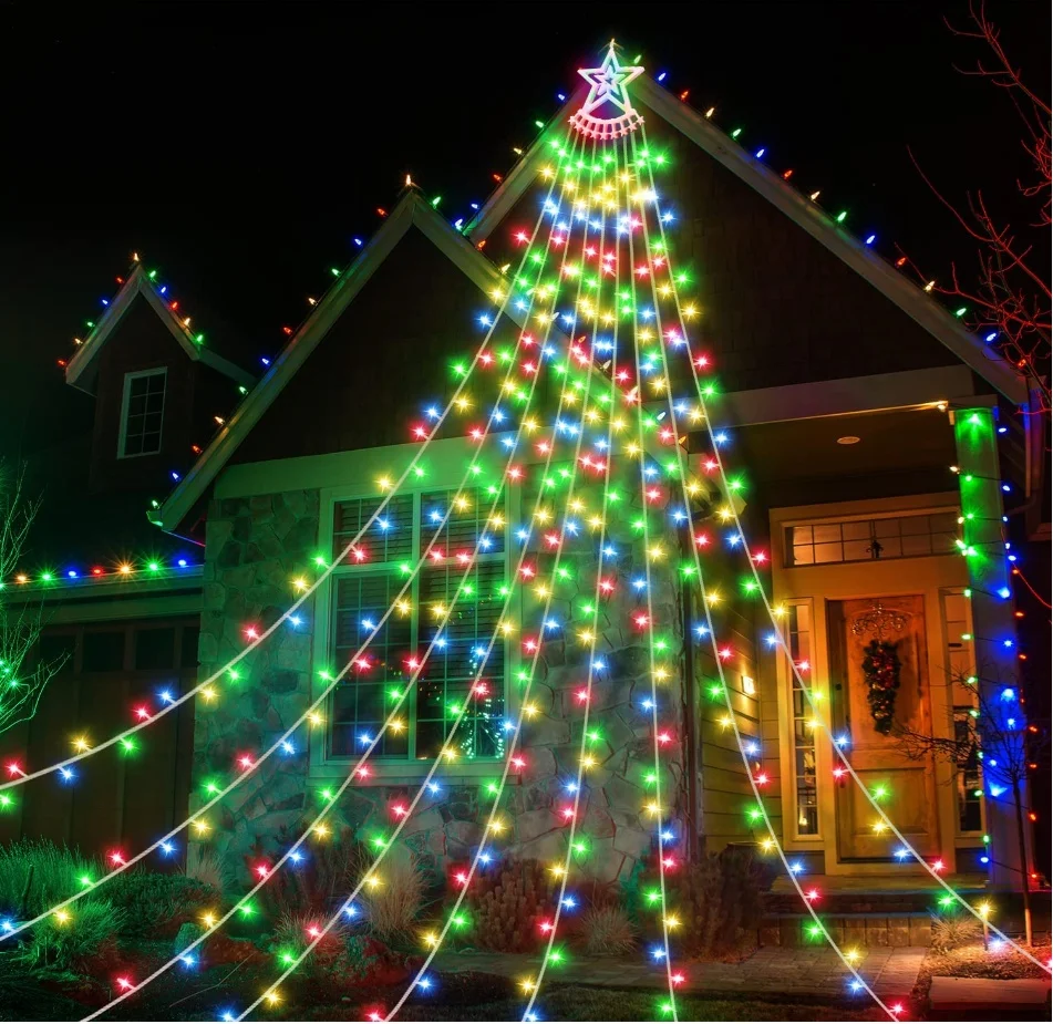 11.5 FT Fairy Star Topper Lights Solar Garden 350 Led Waterfall Christmas Tree String Light For Holiday Party Wedding Decoration