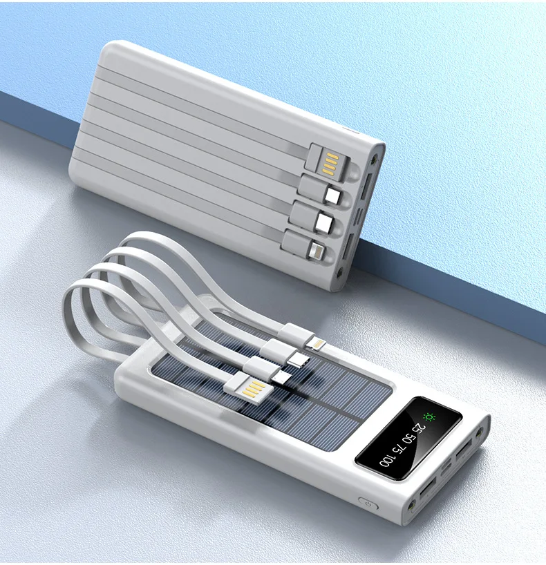 Solar Portable Power Bank 20000mAh 4 Build-in Wires Fast Charging Safe Polymer Power Bank with Cable LED light