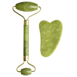 Private Label Skin Lifting Facial Massager Natural Gemstone Green Jade Roller Gua Sha Set