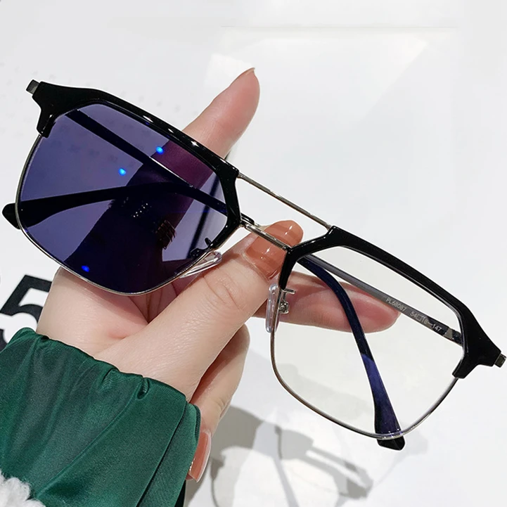 photochromic anti blue light glasses silver black irregular metal optical lunettes photogray femmes luxe women eyeglasses frames