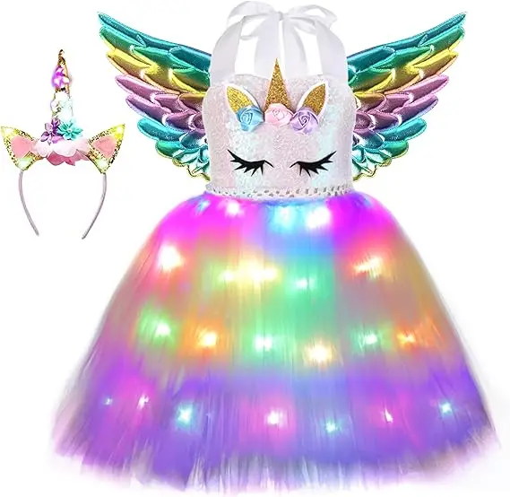 Girls Unicorn Costume LED Light Up Unicorn Dress With Wings Birthday Party Princess Dress for Halloween Party