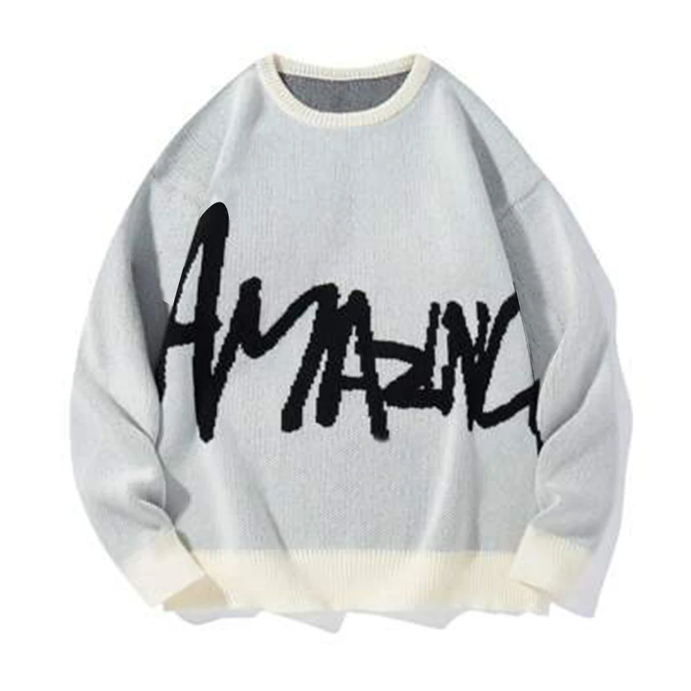 Shinesia OEM Oversized Thick Knitwear Jacquard Sweater Custom Logo Winter Men Crew Neck Pullover Fuzzy Mohair Knitted Sweater