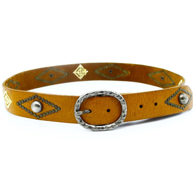 Brown Rivet Strap With Retro Oval Buckle And Round Fashion Pu Leather Belt