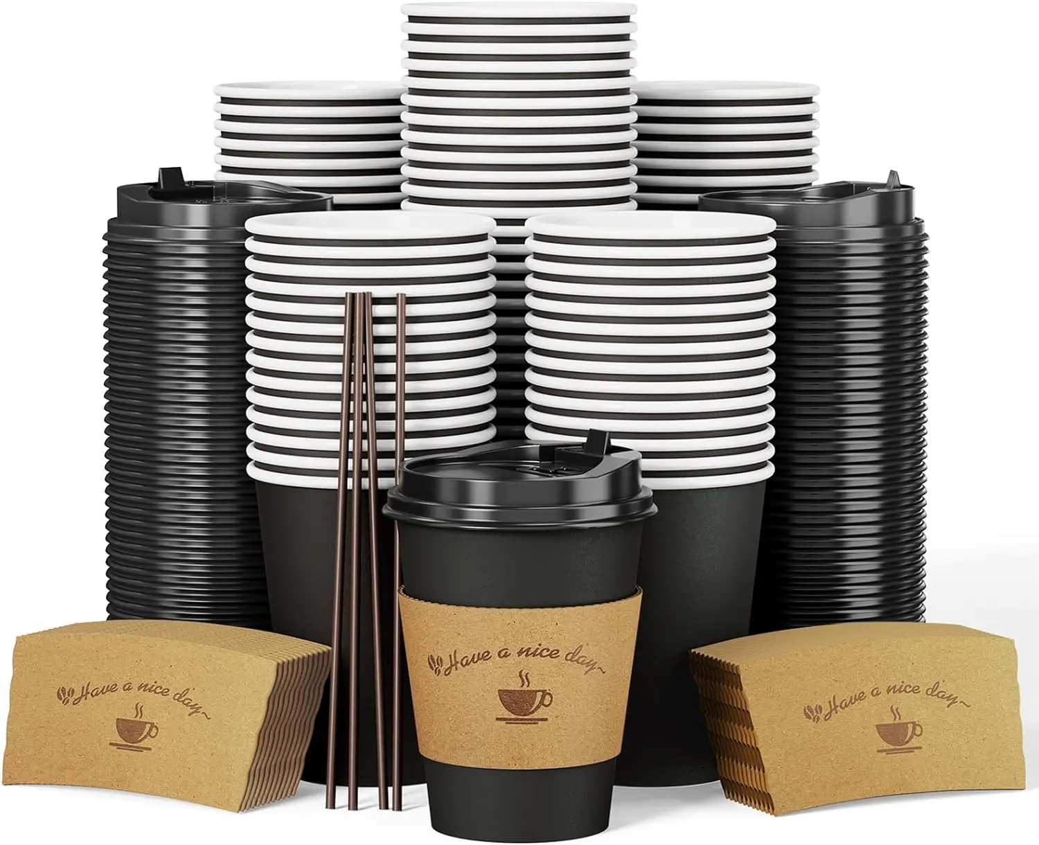 100 Pack 12 oz Paper Coffee Cups, Disposable Coffee Cups with Lids, Sleeves and Stirring Sticks,