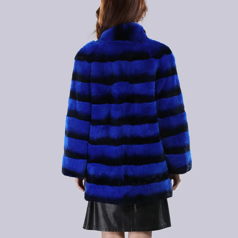 2021 new design products Chinchilla color Rex Rabbit Fur Coat for Fashion Women royal blue rex rabbit fur coat stand up collar