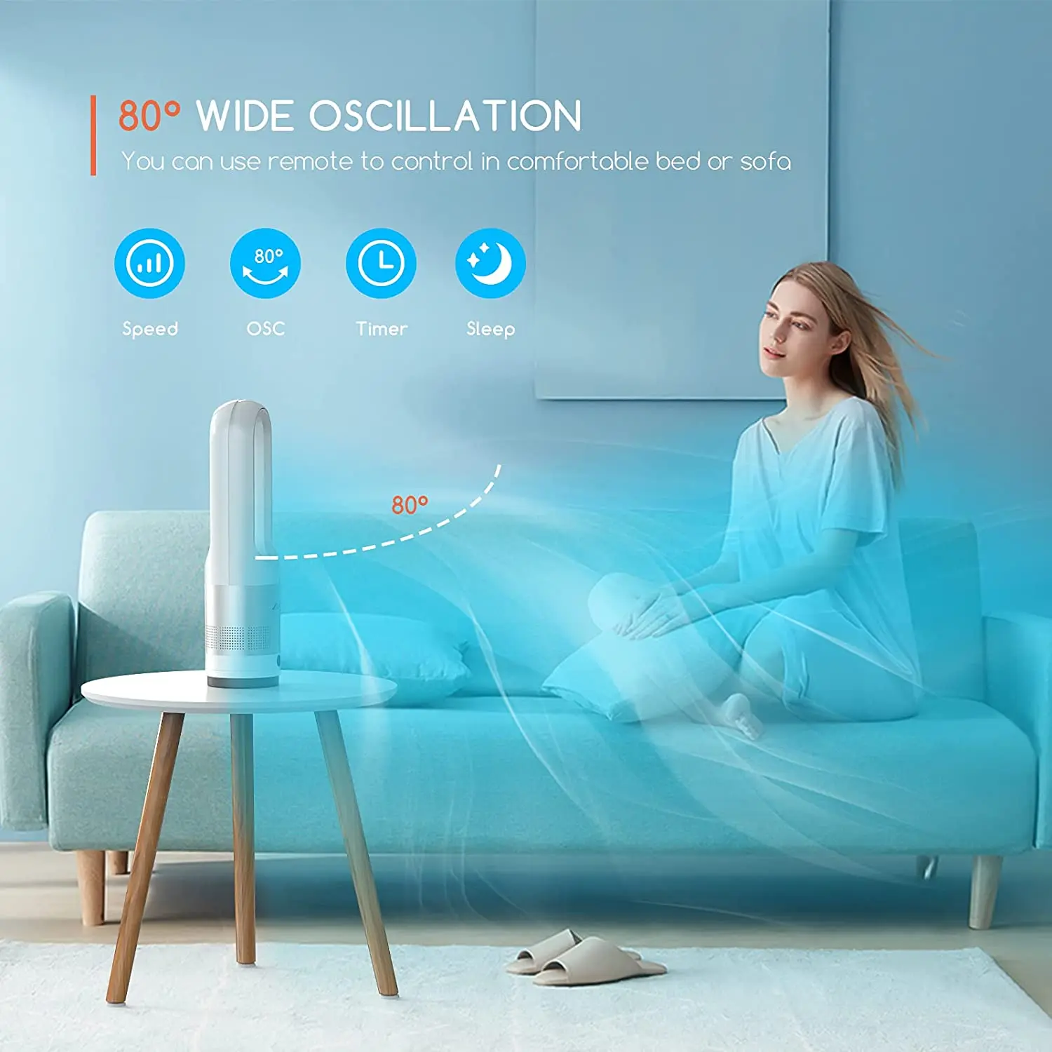 Smart Tuya Wifi 9 Wind Speed Bladeless Tower Fan Smart Noiseless Fan Mini Desk Standing Air Cooler Fan