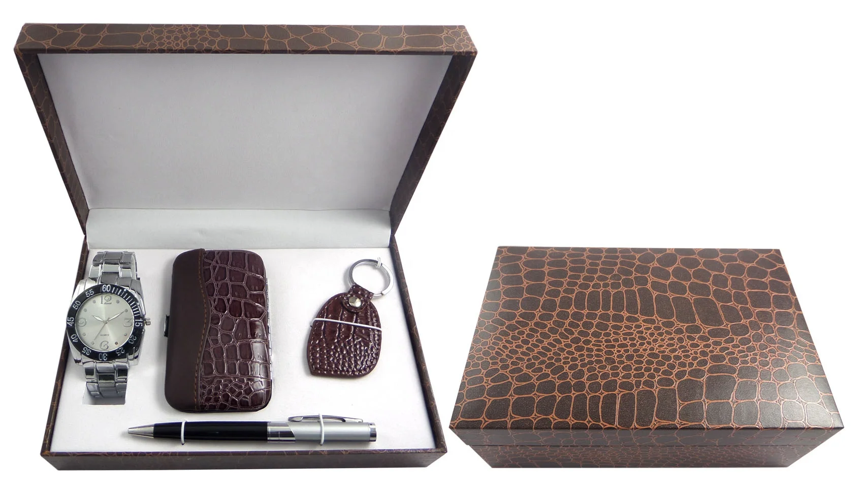 Black Leather Watch Wallet Belt Bracelet Chain Ballpoint Pen Gift Set Box For Present Business Gift Men Set