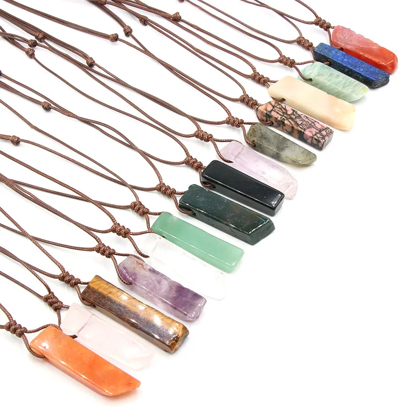 New Hot Healing Stone Handmade Knotted Waxed Rope Long Irregular Rectangle Gemstone Crystal Pendant Necklace Couple Gifts