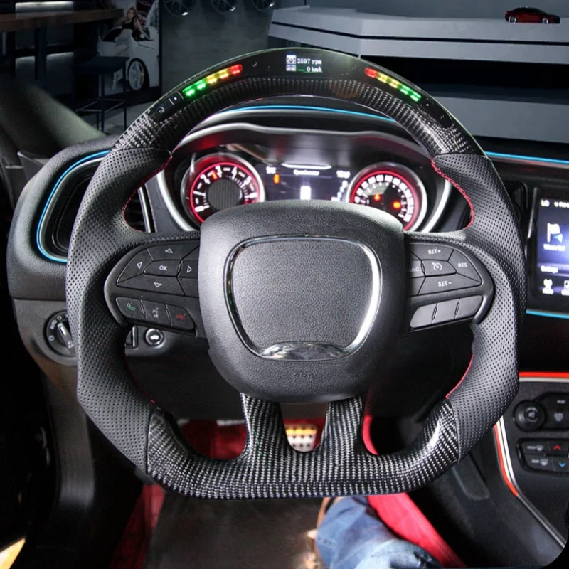 Perforated Leather Custom Carbon Fiber Steering Wheel With LED For Dodge Charger Challenger SRT 2014-2019