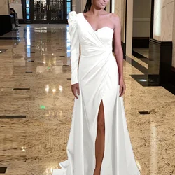 robe de soiree New Long Sleeve Satin Dress Long Slit One Shoulder Trailing Banquet Evening Dress