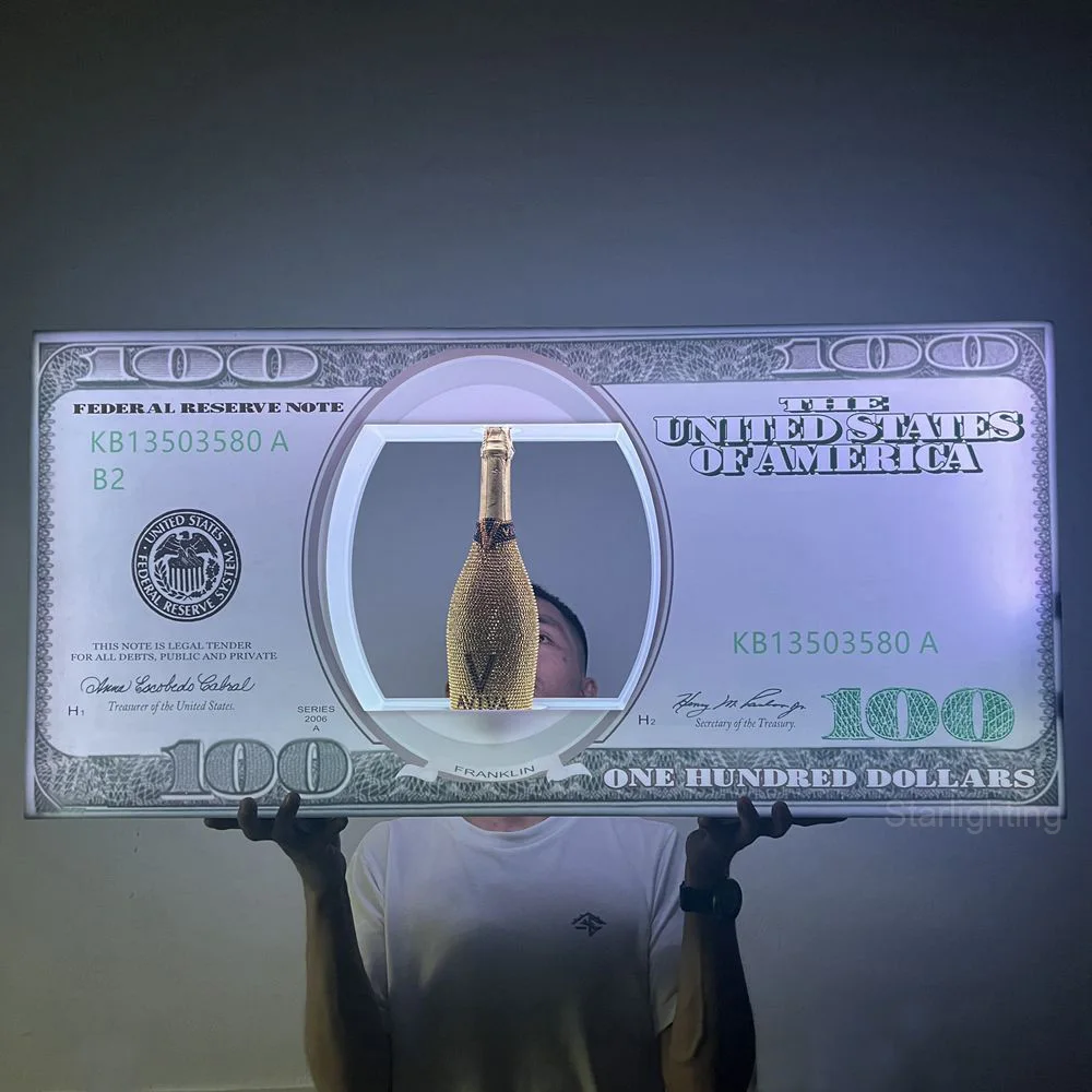 Nightclub bar Vip Service US 100 dollars Bill LED bottle presenter acrylic Benjamin LED sign glorifier display bottle holder