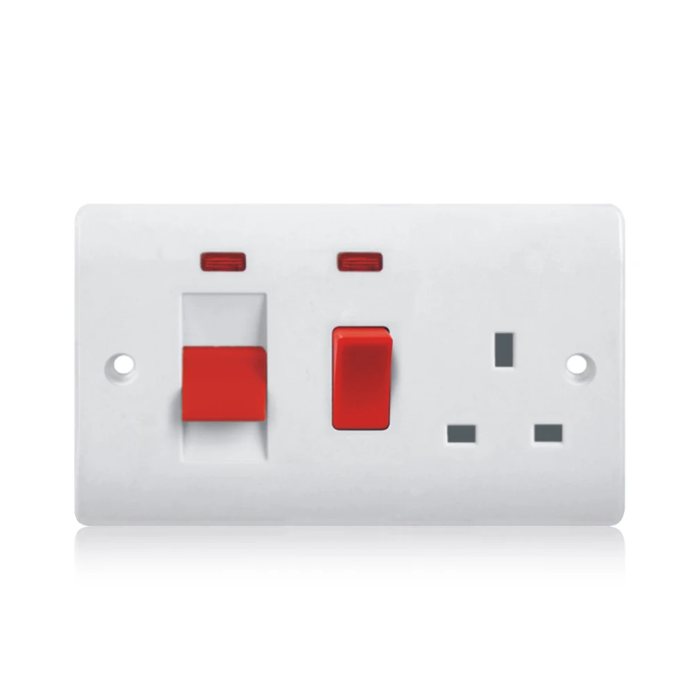 Moulded white 45 A double pole cooker Control Unit Switch and 13A Socket with neon