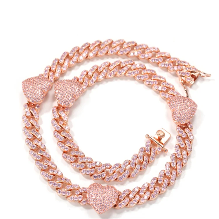 MJ Jewelry  Hot 2021 New Arrival 10mm Cuban Chain Heart Charm Bracelet Necklace Bling Bling Women Men Rapper Miami 2 Jewelry Set