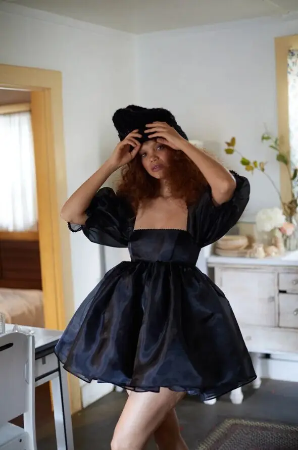 King Mcgreen Star Women Puff Sleeve Tulle Tutu Princess Dress Square Collar Mesh Ruffle Bubble Skirt Prom Mini Fairy Dress