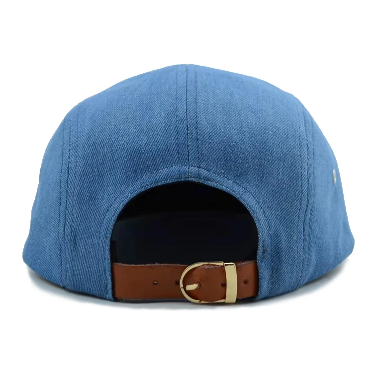 Custom Leather Patch 5Panel 5 Five Panel Denim Camp Camping Camper Hat Cap With Leather Strap Back Leather Logo