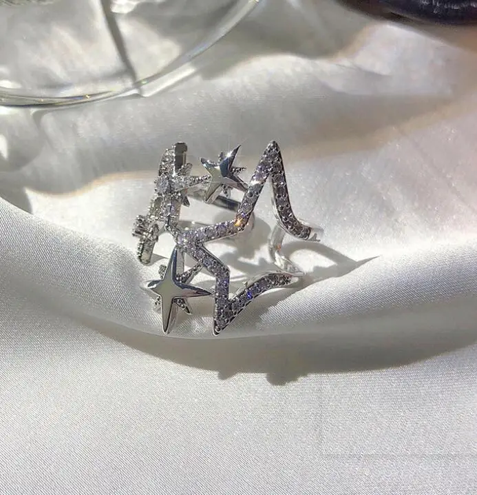 
Korean new design fashion jewelry copper inlaid zircon light luxury opening hollow five-pointed star female party star prom ring 