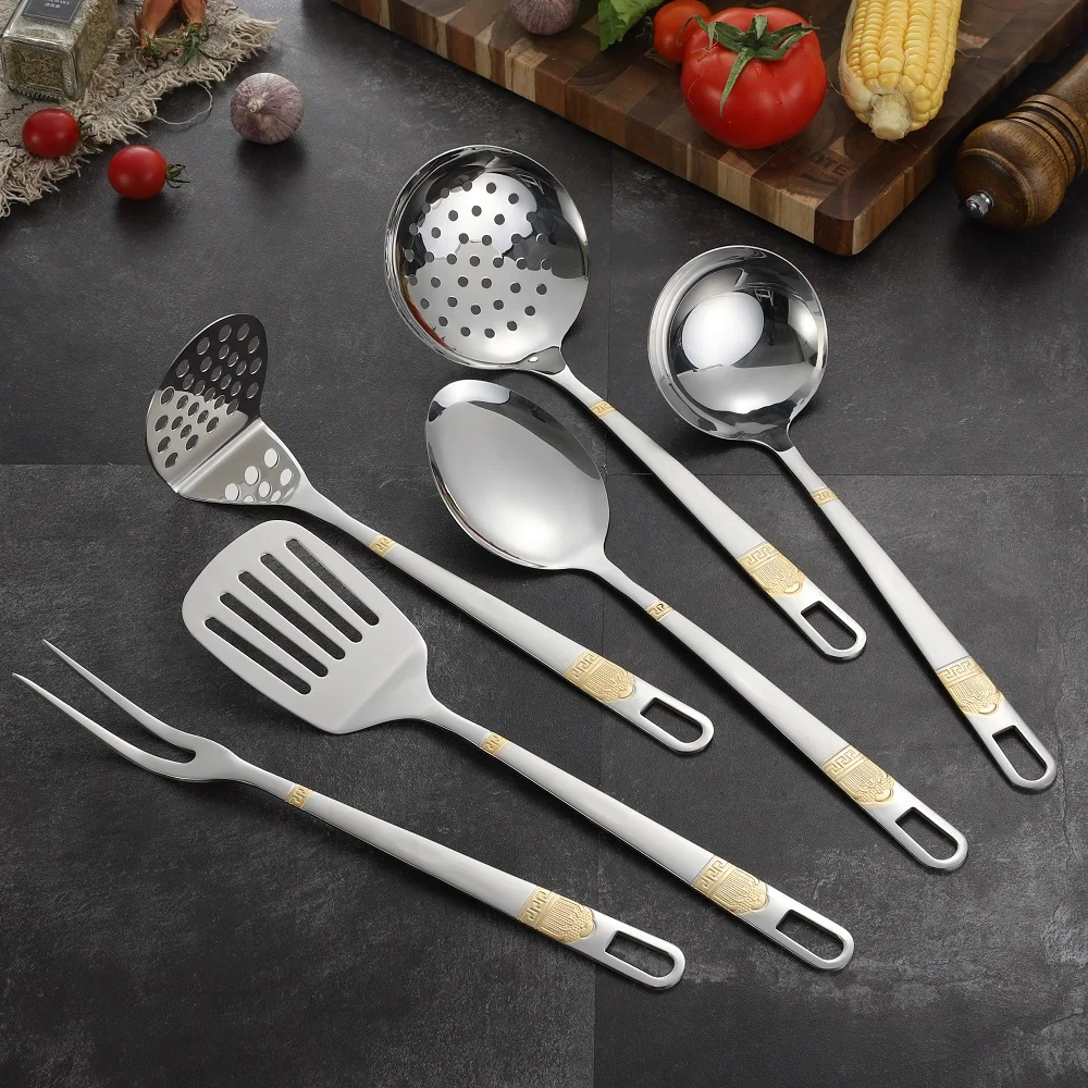 Crown Gold Plated Stainless Steel Kitchen Utensils Set Potato Masher Meat Fork Skimmer