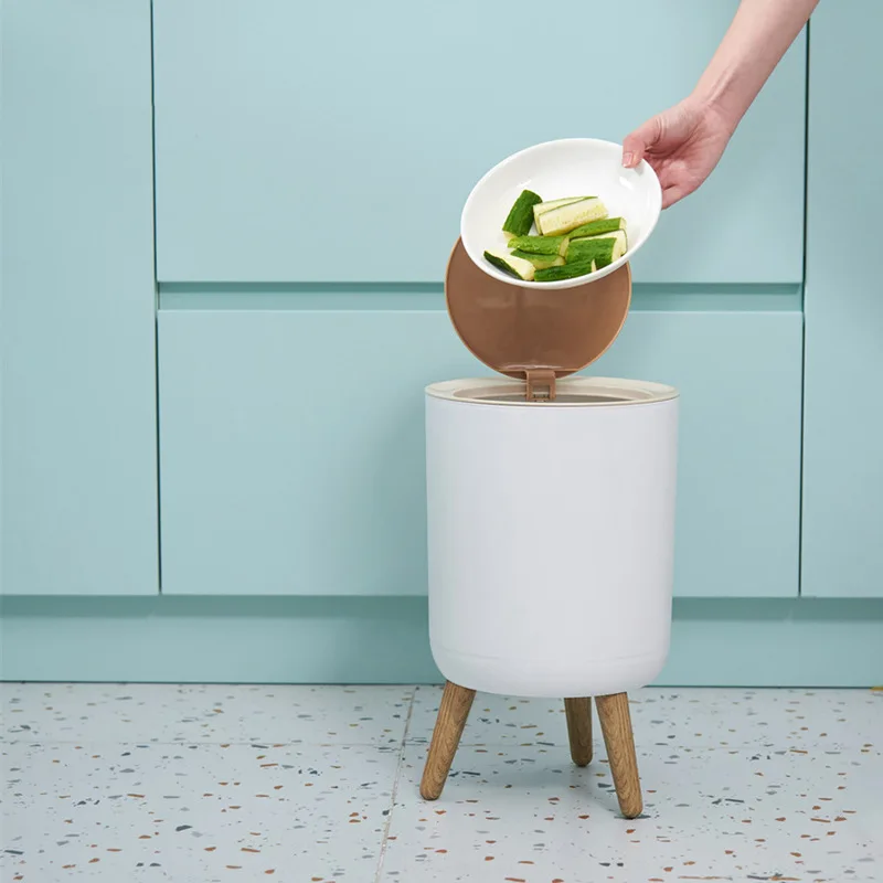7L Japanese Style Trash Can with Lid Wood Grain Kitchen Simple Office Sanitary Bucket Press Type Toilet Trash Can