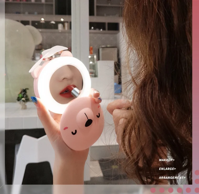 Mini USB Fan Little pig Beauty Mirror with beauty lamp student portable rechargeable LED Makeup Mirror Led Mirror Fan