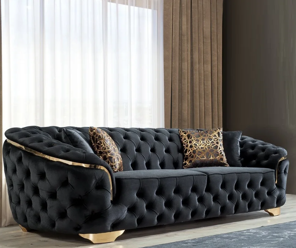 Luxury Living Room Stainless Steel Lounge Sofa 2-3 Seater Velvet Upholster Couch For Home Hotel