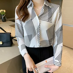 Korea Women Top Fashionable Stripe Print Long Sleeve Satin Blouse&Shirts Ladies