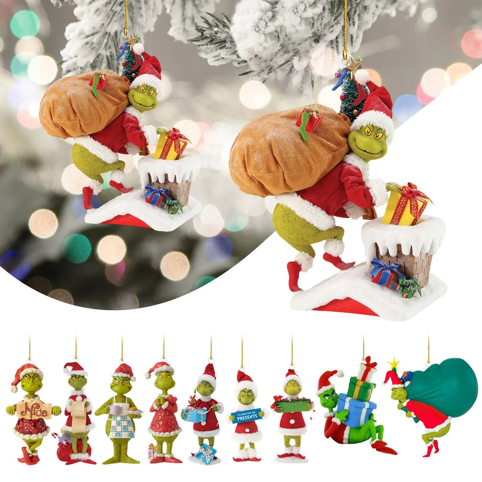 New Grinched Tree Ornaments Acrylic Funny Christmas Tree Hanging Pendants Green Monster Thief Xmas Tree Hanger Decorations