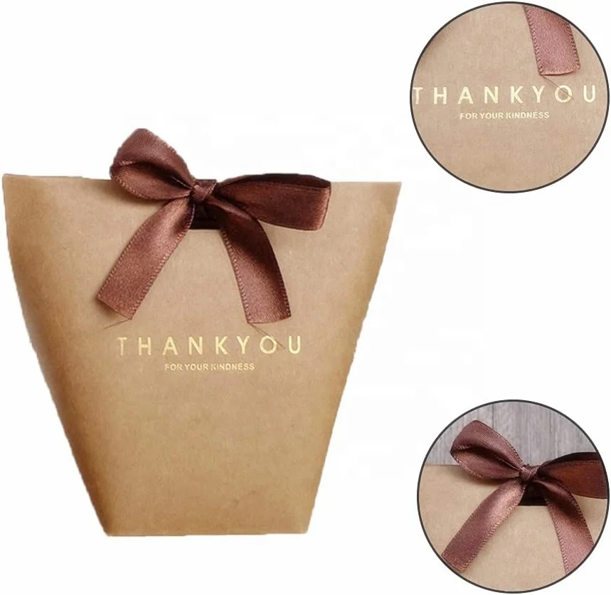 Kraft Paper Luxury Ribbon Gift Candy Chocolate Bag  With Gold Stamping Hot Foil Paper Bag For Gift