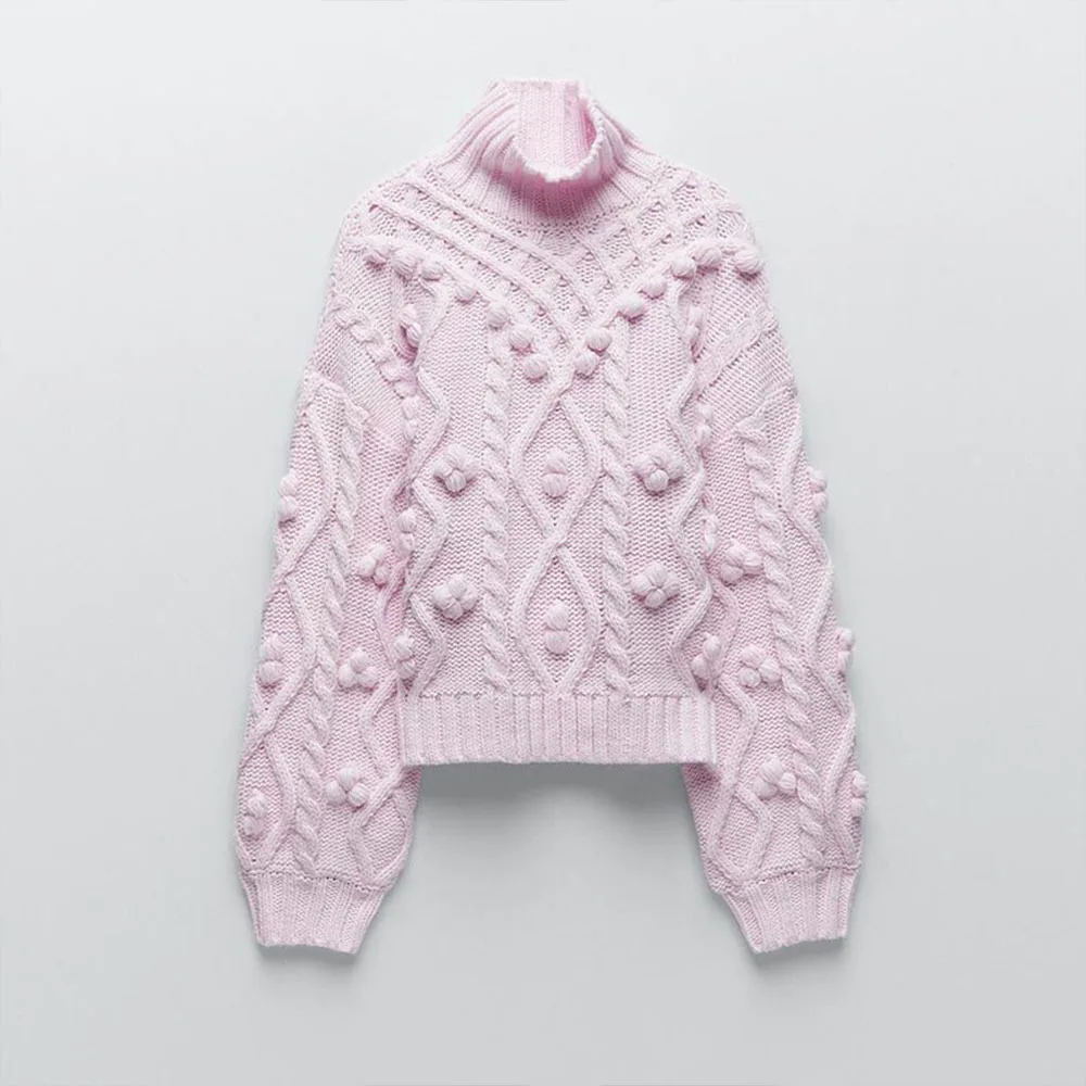 Зимний мешковатый свободный трикотажный женский розовый пуловер с рукавами-фонариками и вышивкой