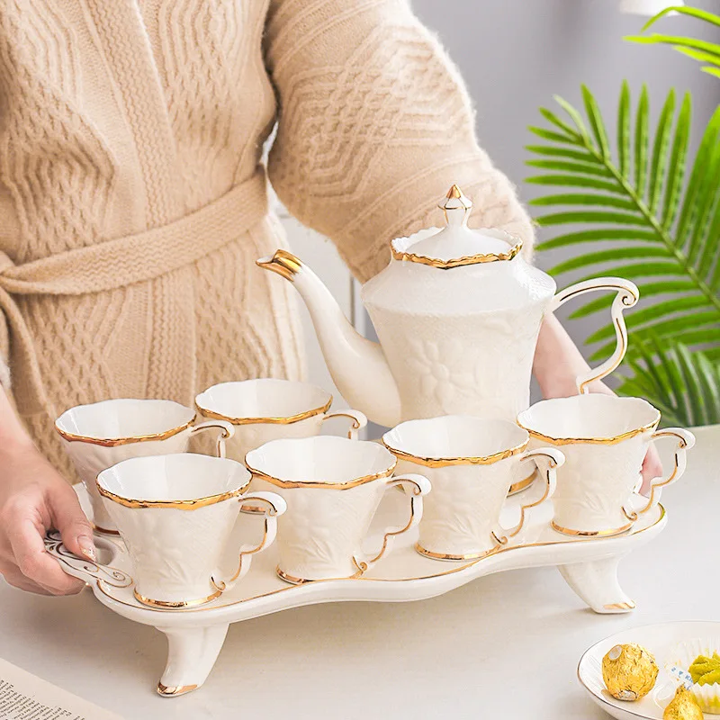 Hot Selling Luxury Afternoon Tea Set Restaurant White Gold Rim Ceramic Tea Cup Set Embossed Coffee & Tea Sets With Tray
