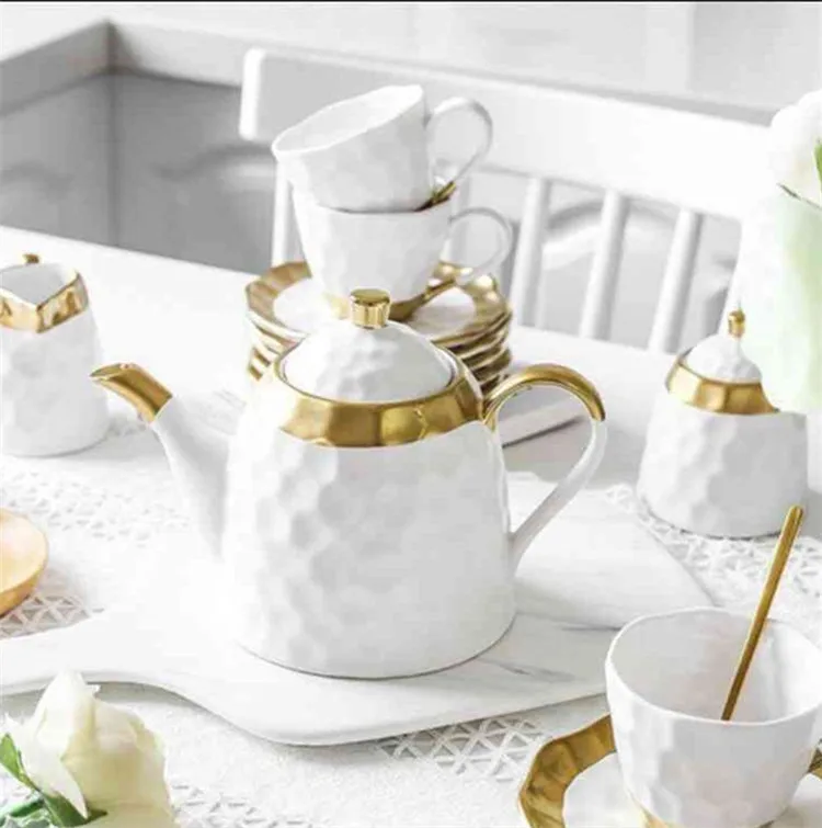 Hot Selling German White and Gold Color Custom Embossed Ceramic Coffee Set Royal Porcelain Tea Sets