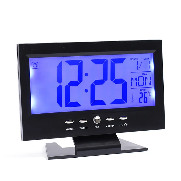 AC-013 multi-function big display screen digital lcd desk alarm clock with voice sound controlled blue backlight