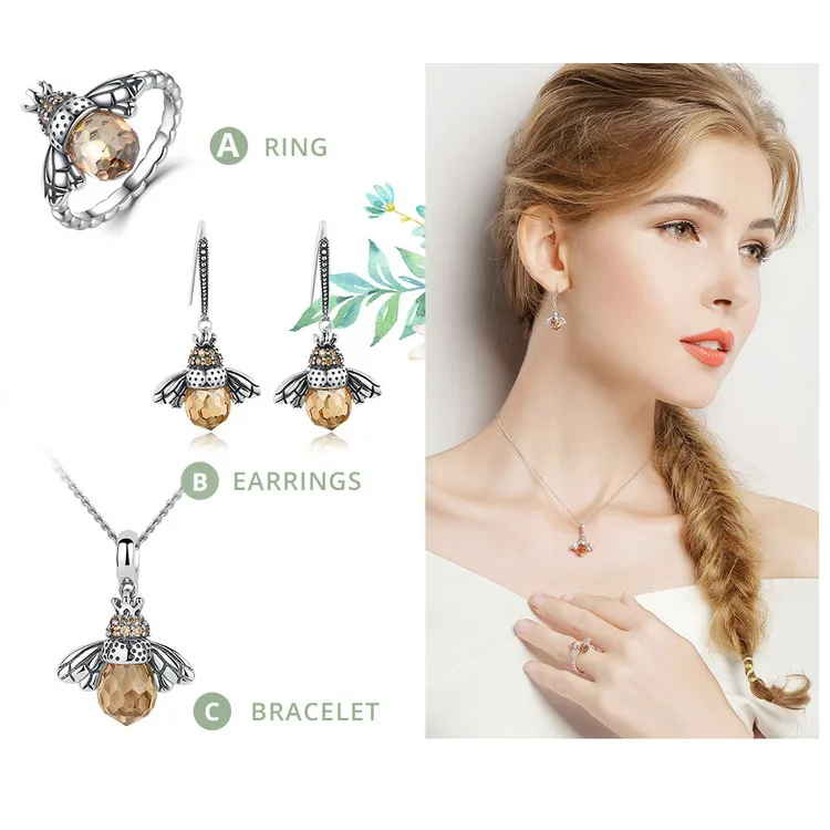 Qings Honeycomb Charms OEM/ODM Sterling Silver Yellow Zircon Bee Charm Pendant For Girls