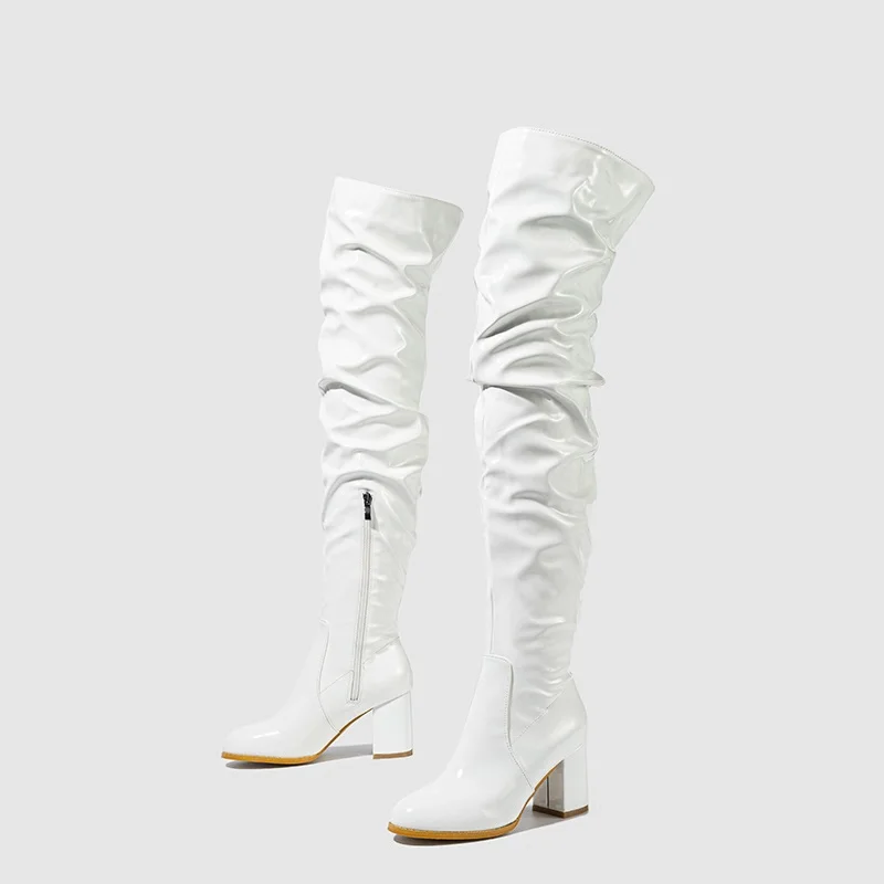 Autumn Winter White Patent Leather Over The Knee Boots Women Party Zip Thigh High Shoes Fashion Round Toe Thick Heel Pumps 2023