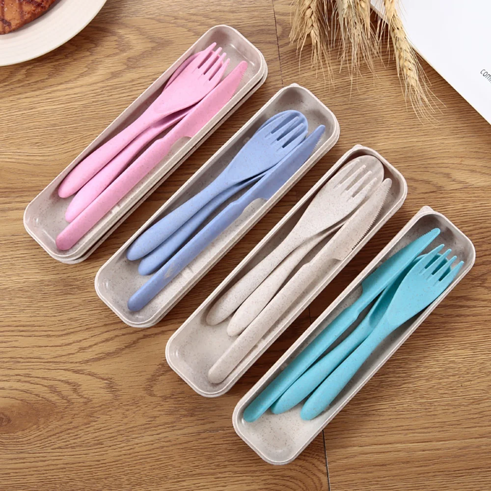 Cheap Price Popular Products 2021 Wheat Straw Knife Fork Spoon Tableware Three Piece Set Portable Tableware Set Plastic Travel G