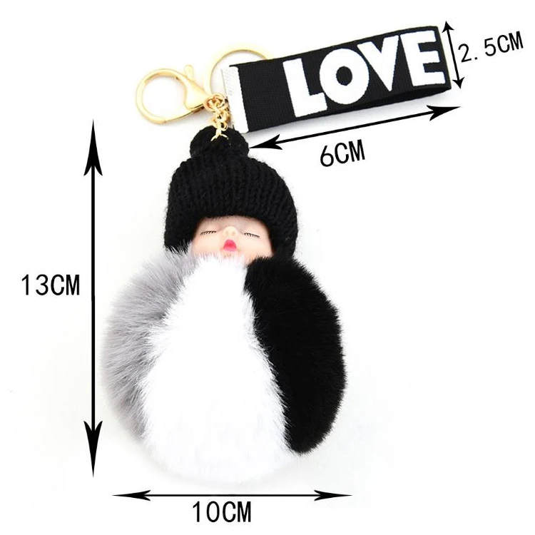 Cute Women Girls Latest Cute Hair Ball Pendant Plush Helmet Sleeping Baby Doll Keychain