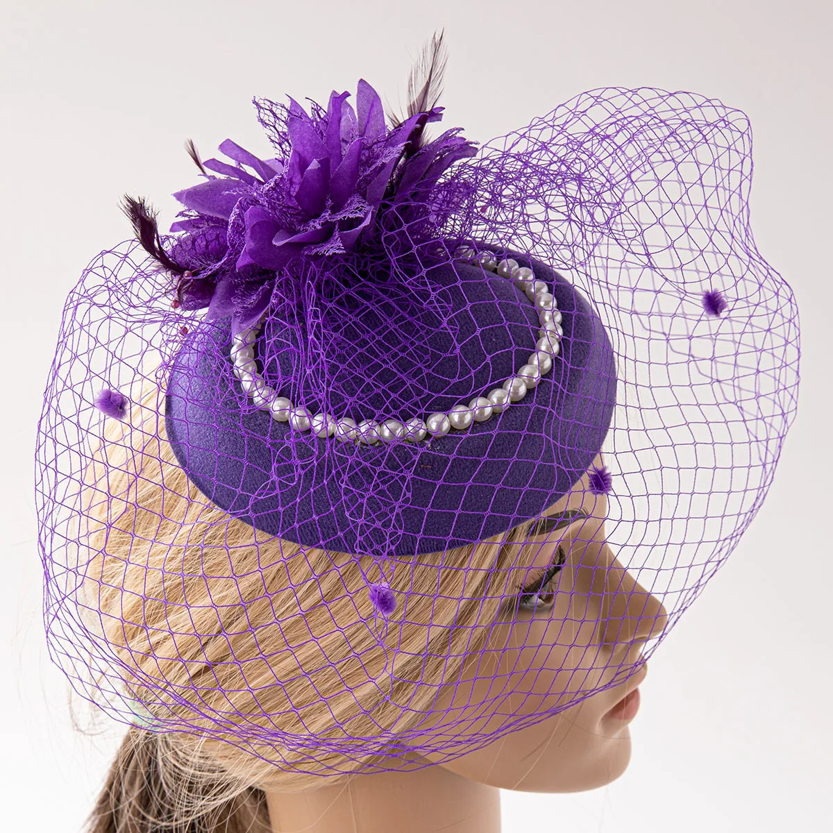 European bridal gauze feather headpiece hair clip Vintage veil pearl top hat